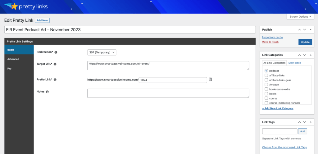Screenshot of affiliate marketing tool Pretty Links' "Edit Link" box. Enter a title for the link, so you know what it is from the main Pretty Links menu. Then set the redirection type, enter the Target URL (where the traffic is going), set the Pretty Link ending (the URL you want), and enter any notes. You can also assign link categories and tags.