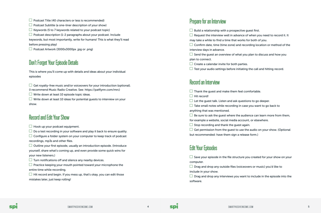 Two page view of the Podcast Cheat Sheet, showing check boxes broken up into categories, like "Don't Forget Your Episode Details" and "Prepare for an Interview"