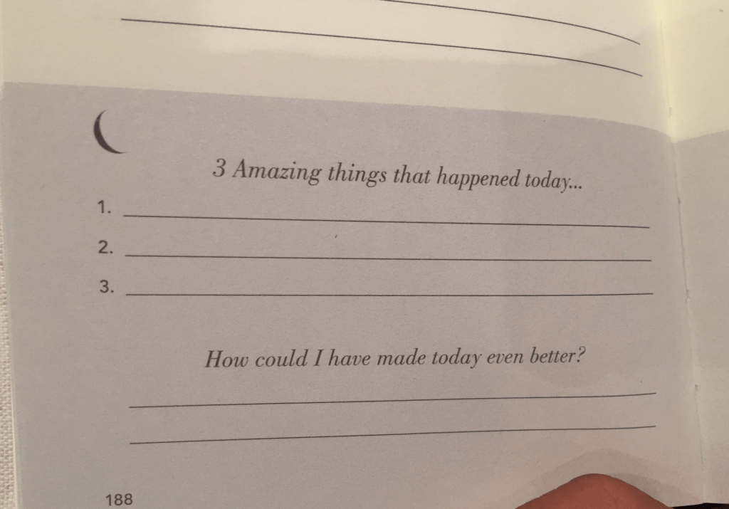 Picture of the journal. It reads "3 Amazing things that happened today..." with room to fill in three items.

"How could I have made today even better?" with room to fill in a response.